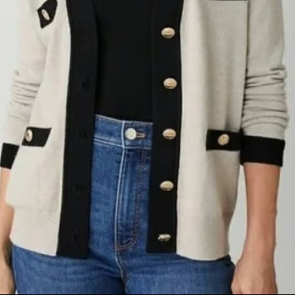 ANN TAYLOR BLACK BEIGE TAN GOLD BUTTON V NECK BOYFRIEND CARDIGAN SWEATER NEW M - Picture 4 of 8